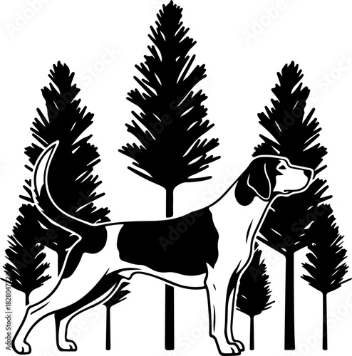 Dog Sniffing by Pine Tree Silhouette