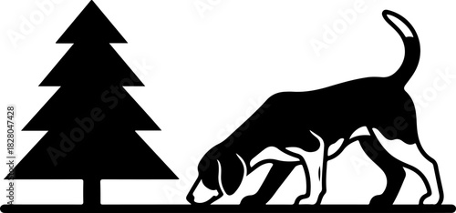 Dog Sniffing by Pine Tree Silhouette