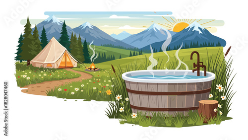 A relaxing getaway with a cozy tent, crackling campfire and steamy hot tub under the rising sun