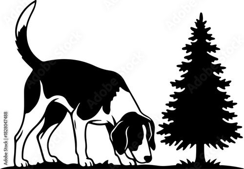 Dog Sniffing by Pine Tree Silhouette
