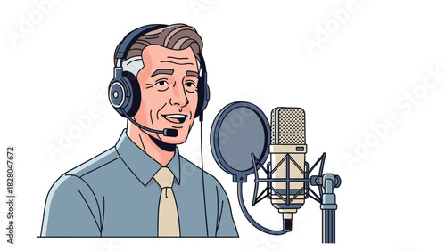 Professional broadcaster recording podcast with condenser microphone and headphones, perfect for engaging audiobook or radio advertisement content