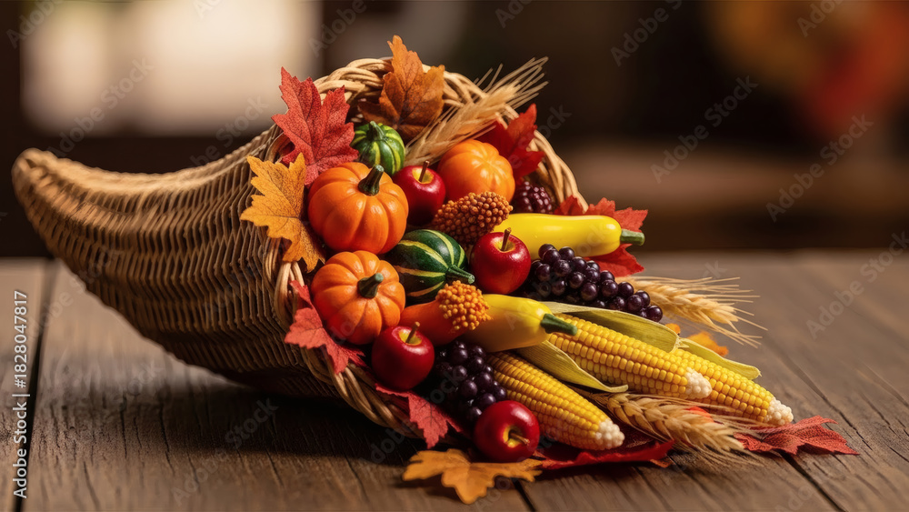 Naklejka premium A cornucopia filled with fruits vegetables and autumn leaves on wood