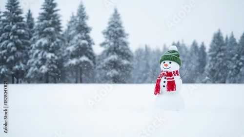 Adorable snowman wearing a green hat and red scarf in falling snow for winter fun and joy