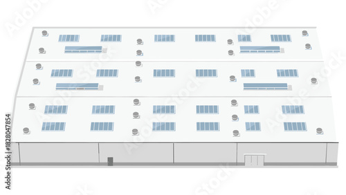 Modern industrial building rooftop with ventilation systems and skylights for energy efficiency and sustainable business operations planning