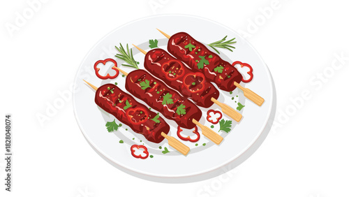 Delicious grilled kebabs with fresh herbs and red pepper slices on white plate ready to be served for dinner or lunch with family and friends