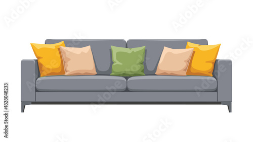 Modern gray sofa with stylish colorful pillows offers relaxation and comfort for contemporary living room designs and interior decoration
