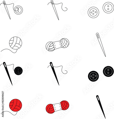 Needlework and garment repair tools vector set with sewing tailoring and clothing fix icons