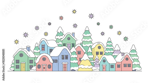 Charming winter village scene with pastel houses and snow-covered trees creating a cozy holiday atmosphere for festive designs