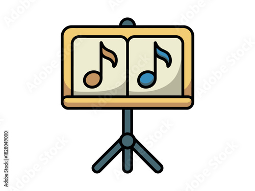 A music stand displays two musical notes on its pages, representing a song or melody.