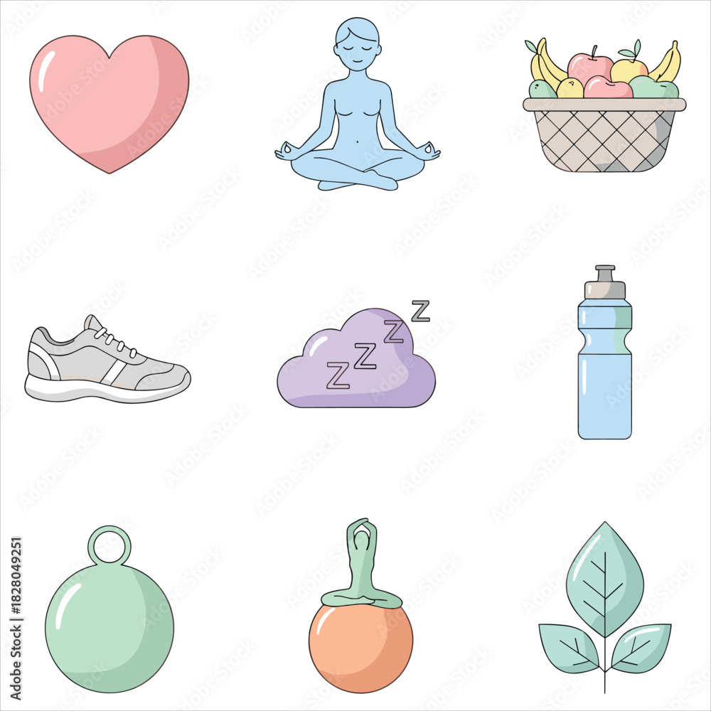 Naklejka premium Modern health and wellness concept icons for balanced lifestyle isolated on white background, Vector