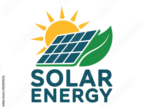 The image depicts the text 'SOLAR ENERGY' with a graphic representation of a sun and a solar panel with a leaf.