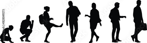 Collection of Various People Silhouettes Displaying Different Poses Actions and Movements from Squatting Kicking to Walking or Standing Postures