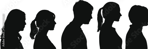Diverse Profile Silhouettes Vector Collection: Group of People Heads, Men and Women Facing Sideways, Isolated on White Background