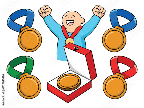 A joyful person celebrates victory with multiple gold medals displayed around them and in an open case.