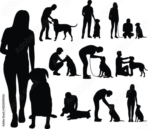Set of People and Dogs Silhouette Vector Illustration, Training, Walking, Petting, Companion, Care, Ownership, Animal Love, Friendship, Isolated Graphic Design Elements