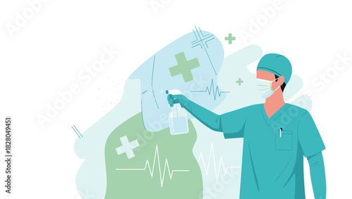 Doctor spraying sanitizer for disinfection and hygiene during a medical crisis, promoting health and wellness in a clean hospital environment