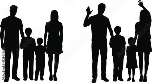 Silhouettes of Happy Family Group Standing Together, Parents with Two Children Waving and Greeting, Symbolic Black and White Vector Illustration, Community and Welcome Concept