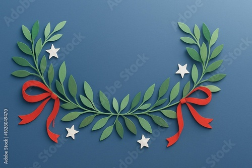 Festive Paper Cut Christmas Wreath with Red Ribbon and Stars on Blue Background