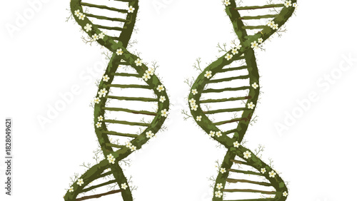 Double helix DNA strands adorned with delicate white flowers symbolize natural science, organic research, and the beauty of botanical genetics