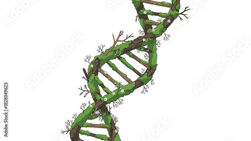 Dynamic DNA strand built with natural tree branches, creating a fresh and vibrant science concept for innovative projects today