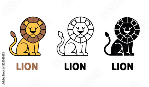 Three stylized lion icons shown in color, outline, and silhouette versions.