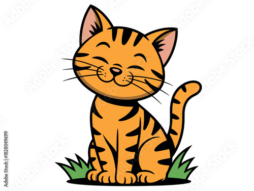 An adorable cartoon tabby cat with closed eyes and a cheerful expression sits on a patch of green grass.