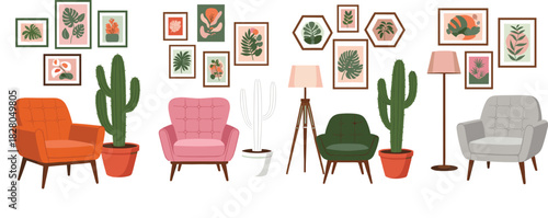 Botanical Mid-Century Modern Interior Vector Set Featuring Stylish Armchairs, Potted Cactus Plants, Floor Lamps, and Abstract Gallery Wall Art Decor Collection.