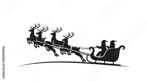 Santa Claus and an elf riding a sleigh pulled by reindeer, isolated on white.