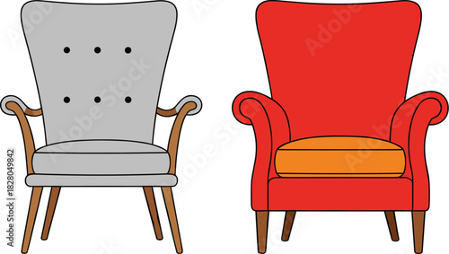 Vector Illustration Set of Classic Armchairs Featuring Mid-Century Modern Tufted Wingback and Traditional Red Accent Chairs for Home Interior Design.
