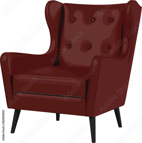 Luxury Leather Wingback Armchair Vector Illustration Featuring Deep Red Brown Color, Tufted High Back, and Angled Legs for Classic Interior Design.