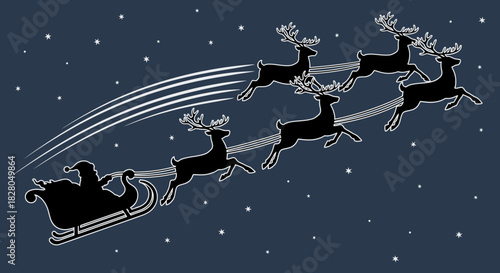 Silhouette of Santa Claus in his sleigh pulled by reindeer flying through the night sky.