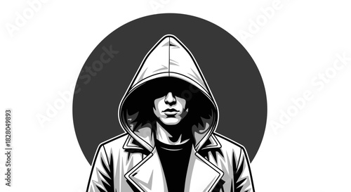 A person with long hair wearing a hooded coat stands against a dark circle, face obscured by shadows.