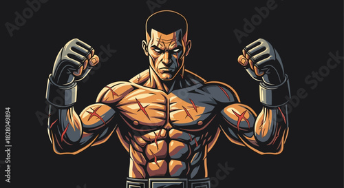 Muscular fighter with boxing gloves, scars, and intense gaze, ready for combat.