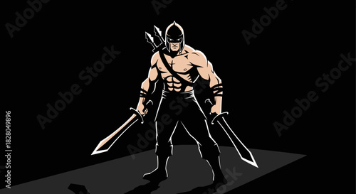 Muscular warrior with swords and bow stands in spotlight, ready for battle.