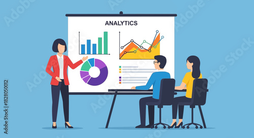 A woman presents business analytics charts to colleagues in a meeting, using a projector screen.