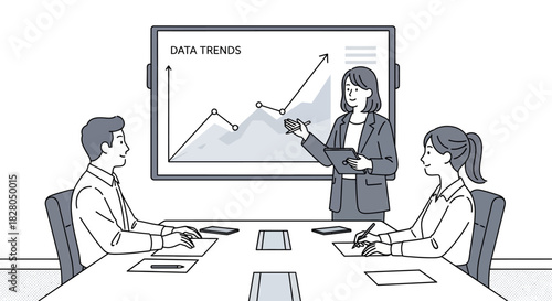 Businesswoman presenting data trends to colleagues during a meeting, pointing at the chart.