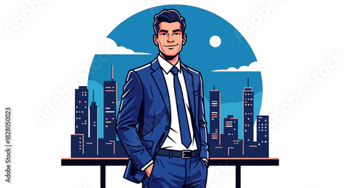 Confident man in a blue suit standing against a stylized city skyline backdrop.