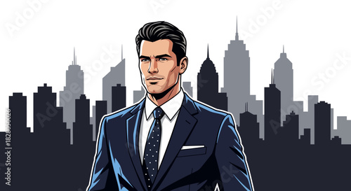 A confident businessman in a suit stands before a stylized cityscape backdrop.