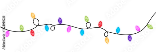 Christmas color lights background. Bright-colored garland decoration. Fairy glowing bulb. LED neon lamp banner. New Year luxury string baubles. Celebration party frame.