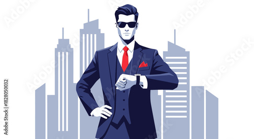 Illustration of a stylish businessman in a suit checking his watch against a cityscape backdrop.