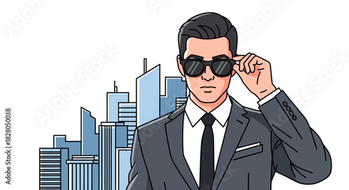 A stylish businessman in a suit adjusts his sunglasses, city backdrop.