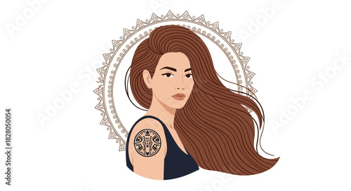 A woman with long brown hair and a tattoo, framed by an ornate circular design.