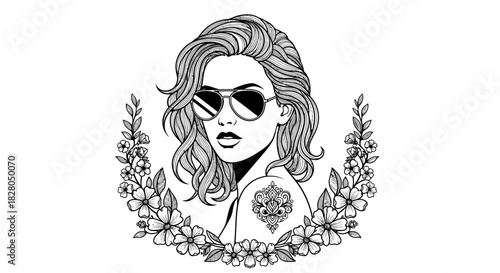 A stylish woman with sunglasses and a tattoo is framed by a floral wreath.