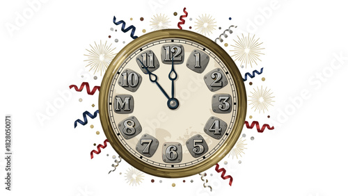 Countdown to midnight happy new year greeting with vintage clock and confetti party decorations for festive celebrations