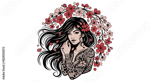 Illustration of a woman with long dark hair and floral tattoos, surrounded by cherry blossom branches.