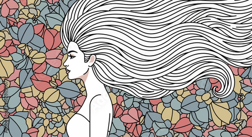 Woman with long flowing hair in profile against a colorful floral background, illustration.