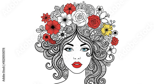 Illustrated portrait of a woman with elaborate floral hair, featuring red lips and blue eyes.