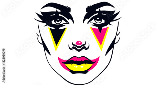 Stylized illustration of a face with bold makeup, featuring vibrant colors and graphic elements.