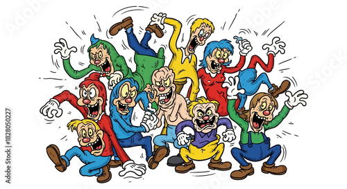 Cartoon characters in various colorful outfits are expressing extreme emotions.