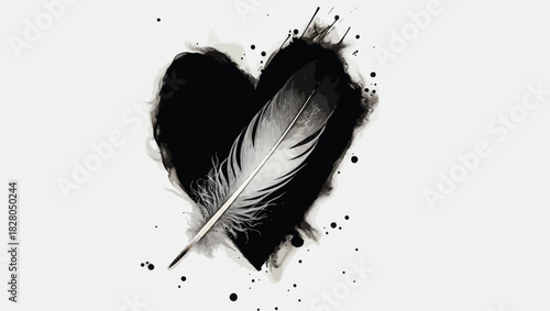 Dramatic Black Heart with Feather Illustration, Artistic Love and Fragility Design, Black heart illustration, Feather overlay design, Dramatic love artwork, Artistic ink splatter, png love,  